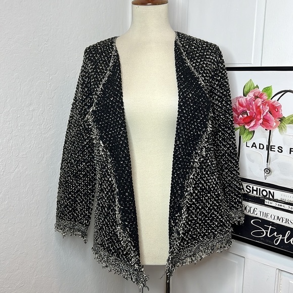 Joie Black & White Knit Open Front Cardigan w/Frayed Hems Size M